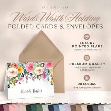Curio Press Personalized Stationery for Women Fold Over Custom Note Cards with Envelopes, Floral Tha...