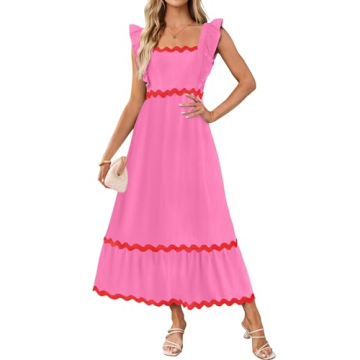 ZESICA Women's Summer Sleeveless Ruffle Dresses 2024 Square Neck Backless Boho Flowy Maxi Sundress w...