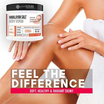 pureSCRUBS Premium Pink Himalayan Salt Body Scrub Set - Large 16oz CITRUS SCRUB, Organic Essential Oils & Nutrients INCLUDES Wooden Stirring Spoon, Loofah & Mini Exfoliating Bar Soap