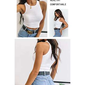 KAMISSY Cotton Rib-Knit Racerback Basic Tank Tops for Women Girls Sleeveless Vest Binding Y2k Crop Tank Top White S