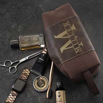 Amazing Items Personalized Toiletry Bag for Men | 12 Different Designs | Dad Gifts, Mens Shaving Dopp Kit, Waterproof Canvas Bathroom Toiletries Bags- Traveler Gifts for Men, Brown