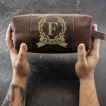 Amazing Items Personalized Toiletry Bag for Men | 12 Different Designs | Dad Gifts, Mens Shaving Dopp Kit, Waterproof Canvas Bathroom Toiletries Bags- Traveler Gifts for Men, Brown