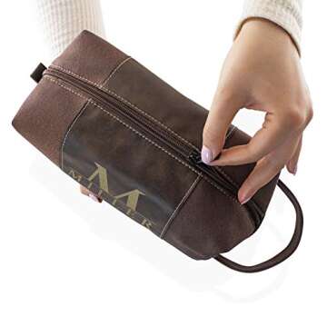 Amazing Items Personalized Toiletry Bag for Men | 12 Different Designs | Dad Gifts, Mens Shaving Dopp Kit, Waterproof Canvas Bathroom Toiletries Bags- Traveler Gifts for Men, Brown