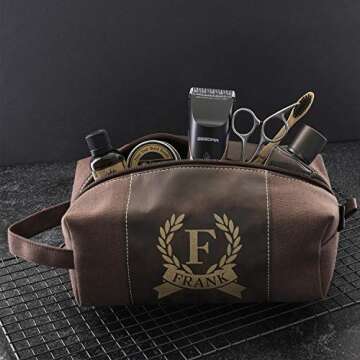 Amazing Items Personalized Toiletry Bag for Men | 12 Different Designs | Dad Gifts, Mens Shaving Dopp Kit, Waterproof Canvas Bathroom Toiletries Bags- Traveler Gifts for Men, Brown