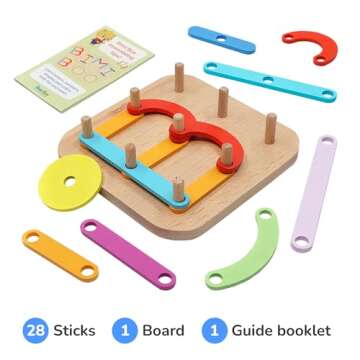 Bimi Boo Wooden Stacking Letters and Numbers Construction Activity Set for Toddlers, Peg Board Shape Sorter for Learning ABCs, Numbers, Emotions (28 Sticks, 1 Board, 1 Guide Booklet)
