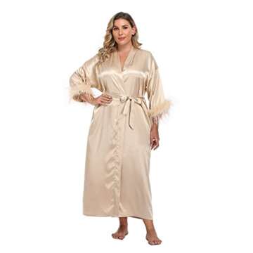MissNina Women's Long Satin Kimono Robe with Ostrich Feather Trim Silk Robes Full Length Sleepwear W...