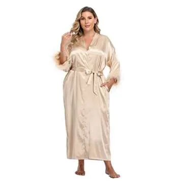 MissNina Women's Long Satin Kimono Robe with Ostrich Feather Trim Silk Robes Full Length Sleepwear Wedding Bridesmaid Robe, Long