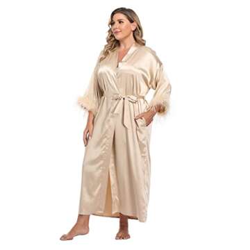 MissNina Women's Long Satin Kimono Robe with Ostrich Feather Trim Silk Robes Full Length Sleepwear Wedding Bridesmaid Robe, Long
