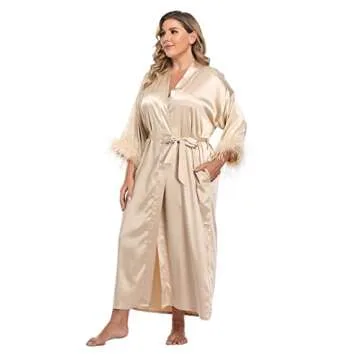 MissNina Women's Long Satin Kimono Robe with Ostrich Feather Trim Silk Robes Full Length Sleepwear Wedding Bridesmaid Robe, Long
