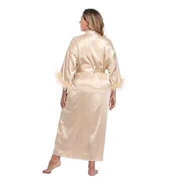MissNina Women's Long Satin Kimono Robe with Ostrich Feather Trim Silk Robes Full Length Sleepwear Wedding Bridesmaid Robe, Long