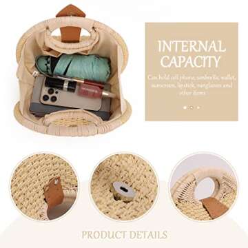 Ynport Straw Purses for Women Summer Beach Rattan Tote Bag Round Handle Ring Handbag Retro Handmade Woven Shell Bag
