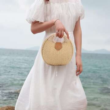 Ynport Straw Purses for Women Summer Beach Rattan Tote Bag Round Handle Ring Handbag Retro Handmade Woven Shell Bag