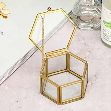 Hipiwe Glass Vintage Jewelry Box - Golden Geometric Jewelry Display Organizer Keepsake Box Case Home...