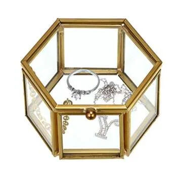 Hipiwe Glass Vintage Jewelry Box - Golden Geometric Jewelry Display Organizer Keepsake Box Case Home Decorative Box for Storage Trinket Ring Earring Chest (Small)