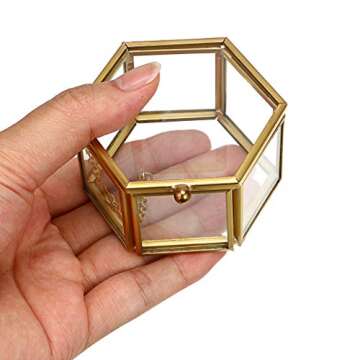 Hipiwe Glass Vintage Jewelry Box - Golden Geometric Jewelry Display Organizer Keepsake Box Case Home Decorative Box for Storage Trinket Ring Earring Chest (Small)