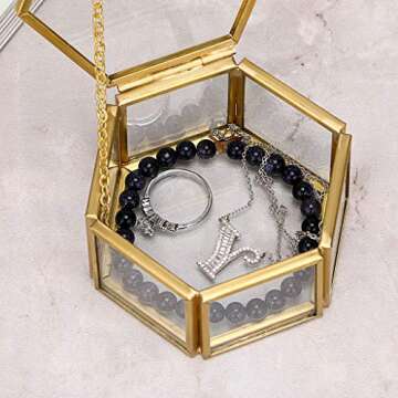 Hipiwe Glass Vintage Jewelry Box - Golden Geometric Jewelry Display Organizer Keepsake Box Case Home Decorative Box for Storage Trinket Ring Earring Chest (Small)