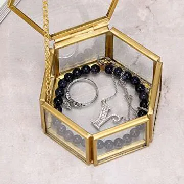 Hipiwe Glass Vintage Jewelry Box - Golden Geometric Jewelry Display Organizer Keepsake Box Case Home Decorative Box for Storage Trinket Ring Earring Chest (Small)