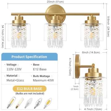 Biewalk 3 Light Gold Bathroom Vanity Light Fixtures, Modern Gold Vanity Lights Over Mirror, Brushed Gold Bathroom Wall Sconce with Crystal Clear Glass Shade (Exclude Bulb)