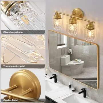 Biewalk 3 Light Gold Bathroom Vanity Light Fixtures, Modern Gold Vanity Lights Over Mirror, Brushed Gold Bathroom Wall Sconce with Crystal Clear Glass Shade (Exclude Bulb)
