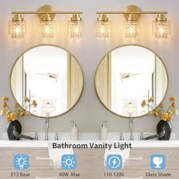 Biewalk 3 Light Gold Bathroom Vanity Light Fixtures, Modern Gold Vanity Lights Over Mirror, Brushed Gold Bathroom Wall Sconce with Crystal Clear Glass Shade (Exclude Bulb)