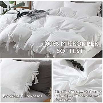 annadaif White Duvet Cover Queen Size, 3 Pieces Soft Washed Microfiber Duvet Cover Set, Comforter Cover with Bowknot Bow Tie (1 Duvet Cover 90x90 Inch, 2 Pillowcases) Easy Care Bedding Set