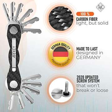 Carbon Fiber Key Organizer - Premium Heavy Duty Compact Key Holder up to 20 Keys - Multifunctional Sim & Bottle Opener + Video Instructions