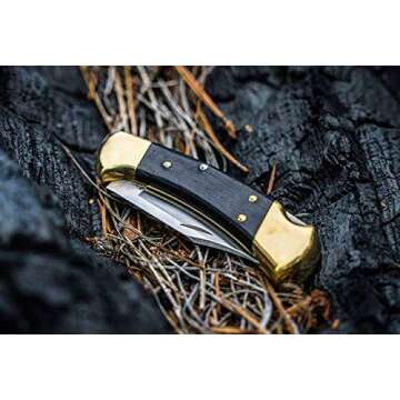 Buck Knives 112 Ranger Lock-back Knife, Brass Bolsters, Ebony Handles, 3" 420HC Blade with Leather S...