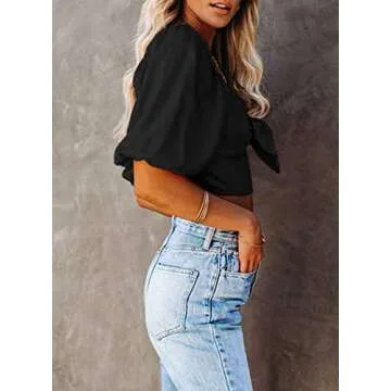 Kikula Womens Tie Front Puff Sleeve Summer Tops Off The Shoulder Crop Top Blouse