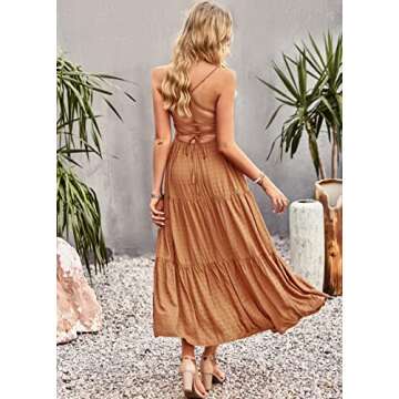 CHARTOU Women's Spaghetti Strap Swiss Dot Criss Cross Backless Smocked Tiered A-Line Flowy Maxi Dress (Small, Brown)