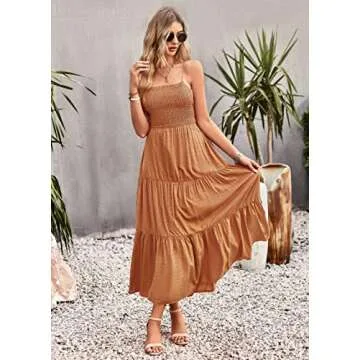 CHARTOU Women's Spaghetti Strap Swiss Dot Criss Cross Backless Smocked Tiered A-Line Flowy Maxi Dress (Small, Brown)