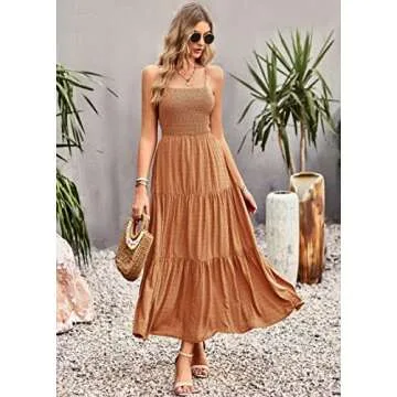 CHARTOU Women's Spaghetti Strap Swiss Dot Criss Cross Backless Smocked Tiered A-Line Flowy Maxi Dress (Small, Brown)