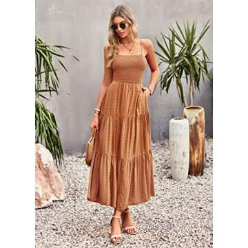 CHARTOU Women's Spaghetti Strap Swiss Dot Criss Cross Backless Smocked Tiered A-Line Flowy Maxi Dress (Small, Brown)