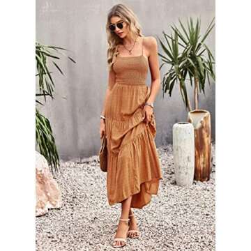 CHARTOU Women's Spaghetti Strap Swiss Dot Criss Cross Backless Smocked Tiered A-Line Flowy Maxi Dress (Small, Brown)