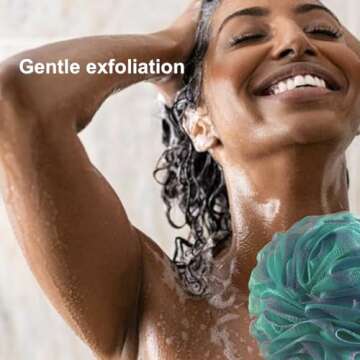 SHOWER BOUQUET 2-Sided-Loofah-Back-Scrubber & Bath-Sponge Set // 1-Long-Handle-Back-Brush Plus 2-Extra-Large 75g Soft Mesh Poufs, Men & Women - Exfoliate with Full Pure Cleanse in Bathing Accessories