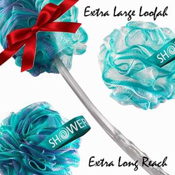 SHOWER BOUQUET 2-Sided-Loofah-Back-Scrubber & Bath-Sponge Set // 1-Long-Handle-Back-Brush Plus 2-Extra-Large 75g Soft Mesh Poufs, Men & Women - Exfoliate with Full Pure Cleanse in Bathing Accessories