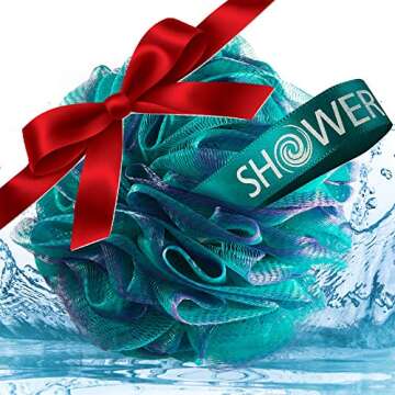 SHOWER BOUQUET 2-Sided-Loofah-Back-Scrubber & Bath-Sponge Set // 1-Long-Handle-Back-Brush Plus 2-Extra-Large 75g Soft Mesh Poufs, Men & Women - Exfoliate with Full Pure Cleanse in Bathing Accessories