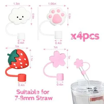 AUAUY Straw Covers, Silicone Straw Tips Covers, Reusable Drinking Straw Covers Plugs Dust-Proof Drinking Straw Cover, Straw Protector Cover Cherry Blossom Cloud Straw Cover for 7-8mm Straw - 4PCS