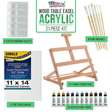 U.S. Art Supply 21-Piece Artist Acrylic Painting Set with Wooden H-Frame Studio Easel, 12 Vivid Acrylic Paint Colors, Stretched Canvas, 6 Brushes, Painting Palette - Kids Students, Adults, Starter Kit
