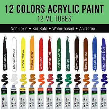 U.S. Art Supply 21-Piece Artist Acrylic Painting Set with Wooden H-Frame Studio Easel, 12 Vivid Acrylic Paint Colors, Stretched Canvas, 6 Brushes, Painting Palette - Kids Students, Adults, Starter Kit