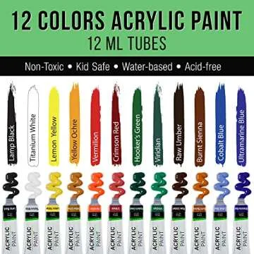 U.S. Art Supply 21-Piece Artist Acrylic Painting Set with Wooden H-Frame Studio Easel, 12 Vivid Acrylic Paint Colors, Stretched Canvas, 6 Brushes, Painting Palette - Kids Students, Adults, Starter Kit