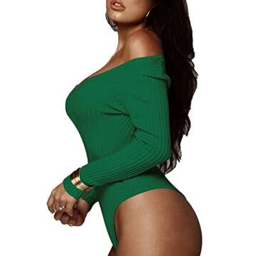 Weigou Women Bodysuits Jumpsuits Deep V Neck Long Sleeve Bodycon Stretch Jumpsuit Leotard Bodysuit Tops (Green 2, L)