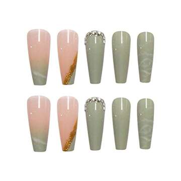 RikView Press on Nails Long Acrylic Nails Coffin Fake Nails Green Nails with Rhinestones