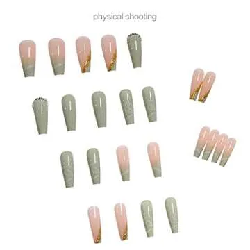 RikView Press on Nails Long Acrylic Nails Coffin Fake Nails Green Nails with Rhinestones