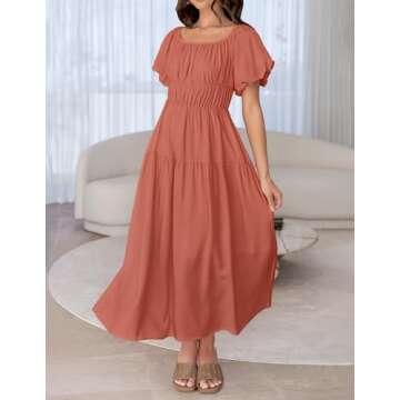 ZESICA Women's Sexy Boho Off Shoulder Puff Short Sleeve High Waist Ruffled Flowy A Line Beach Party Midi Dress,Coral,Small