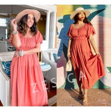 ZESICA Women's Sexy Boho Off Shoulder Puff Short Sleeve High Waist Ruffled Flowy A Line Beach Party Midi Dress,Coral,Small