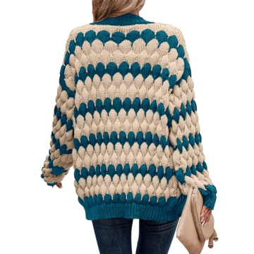 KIRUNDO Women's Cardigans Casual Long Sleeve Chunky Knit Color Block Striped Cardigan Open Front Cozy Sweater Coat Knit Outerwear Teacher Outfits(Denim Blue, Large)