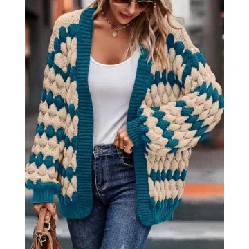 KIRUNDO Women's Cardigans Casual Long Sleeve Chunky Knit Color Block Striped Cardigan Open Front Cozy Sweater Coat Knit Outerwear Teacher Outfits(Denim Blue, Large)