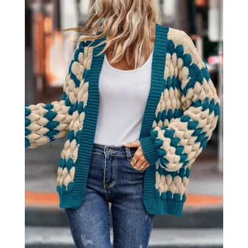 KIRUNDO Women's Cardigans Casual Long Sleeve Chunky Knit Color Block Striped Cardigan Open Front Cozy Sweater Coat Knit Outerwear Teacher Outfits(Denim Blue, Large)
