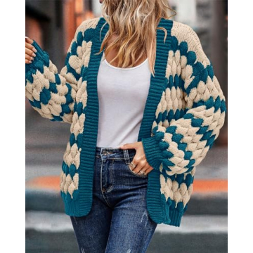 KIRUNDO Women's Cardigans Casual Long Sleeve Chunky Knit Color Block Striped Cardigan Open Front Cozy Sweater Coat Knit Outerwear Teacher Outfits(Denim Blue, Large)