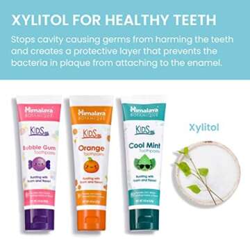 Himalaya Botanique Kids Toothpaste, Herbal, Cool Mint, Bubble Gum and Orange Flavor, Fights Plaque, Fluoride Free, No Artificial Flavors or Colors, SLS Free, Gluten Free, Vegan, 4 Oz, Variety 3 Pack…